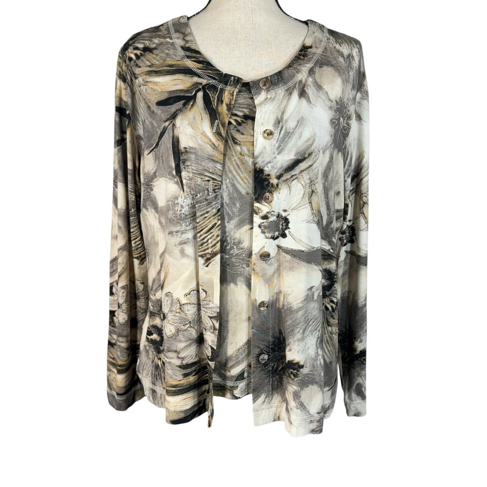 Chico’s SZ 2 (Large) 2-fer Top Jacket Floral Button-Up Long Sleeve Stretch Multi